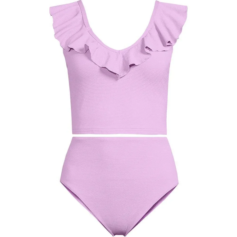 Land's End Pique textured Ruffle Midkini Tankini top Wild Lilac color size Small - Picture 9 of 10